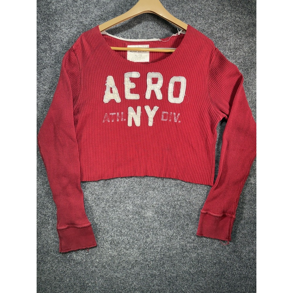 Aeropostale Cropped Top Sweater Women's XL Red Waffle Knit Spell-out Vintage Y2K - Picture 1 of 10